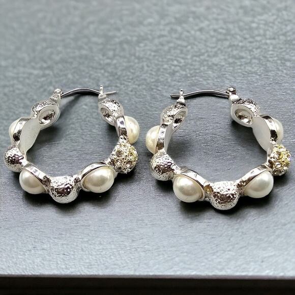 Unbranded Jewelry - Pierced White Earrings Simulated Half Pearls Rhinestones Hoop Women